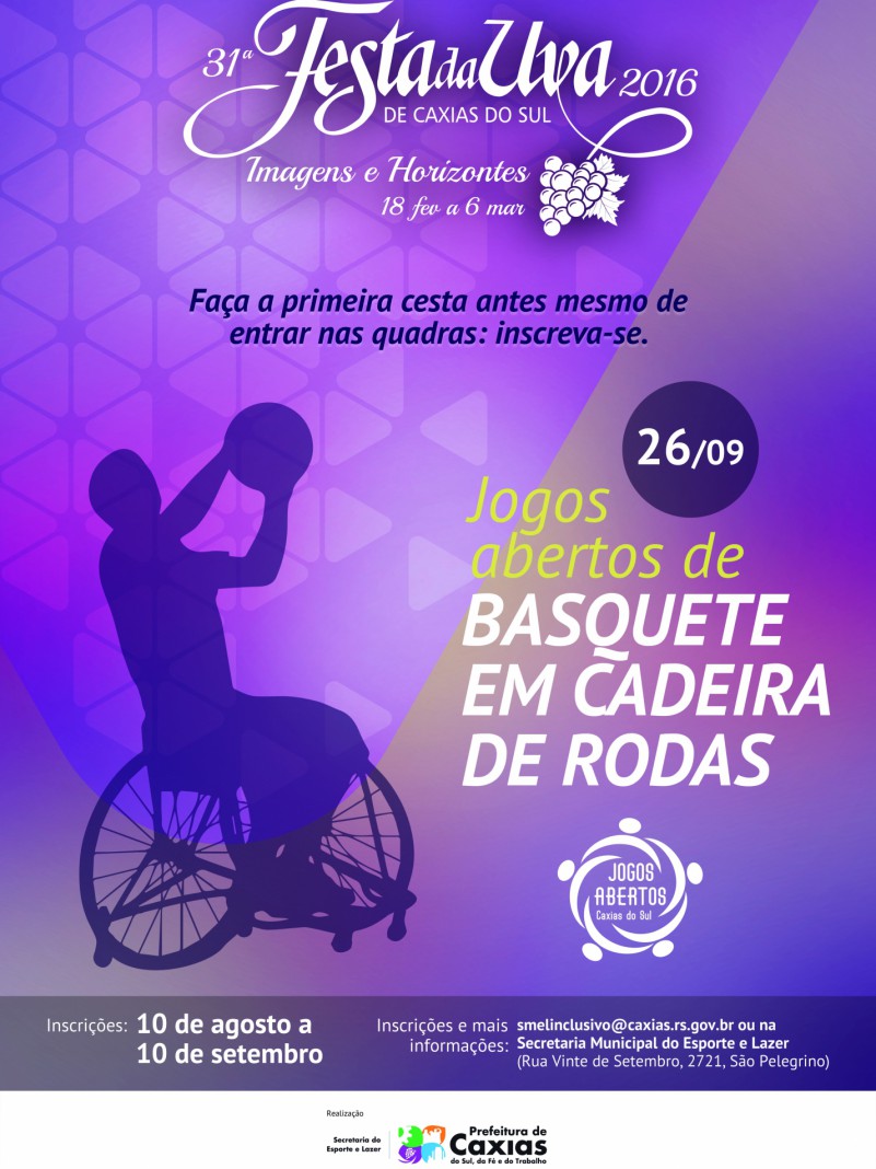 Descrição da Imagem: Banner em formato de retrato. Fundo em tons lilás. Ao alto, em branco – trigésima primeira Festa da Uva 2016 de Caxias do Sul, Imagens e Horizontes, 18 de fevereiro a 6 de março. Abaixo, em azul escuro – Faça a primeira cesta antes