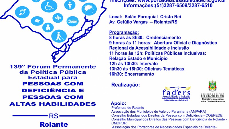Cartaz em formato de retrato, com fundo branco. Um mapa do Rio Grande do Sul ocupa a metade superior esquerda, contornado de azul escuro, tem em seu interior pequenos círculos azuis com símbolos representando a diversidade humana das pessoas com