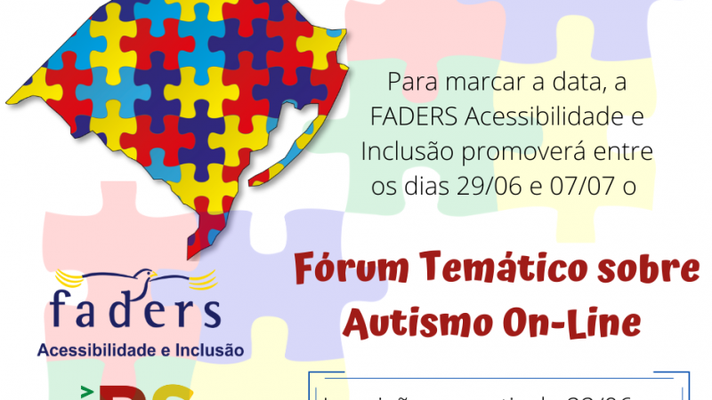 #PraTodosVerem Cartão com fundo na cor branca. No alto, o título “18 de junho – Dia Mundial do Orgulho Autista”. À esquerda, um mapa do Rio Grande do Sul, composto por peças coloridas de quebra-cabeça. Abaixo, sobre uma transparência formada por quatro