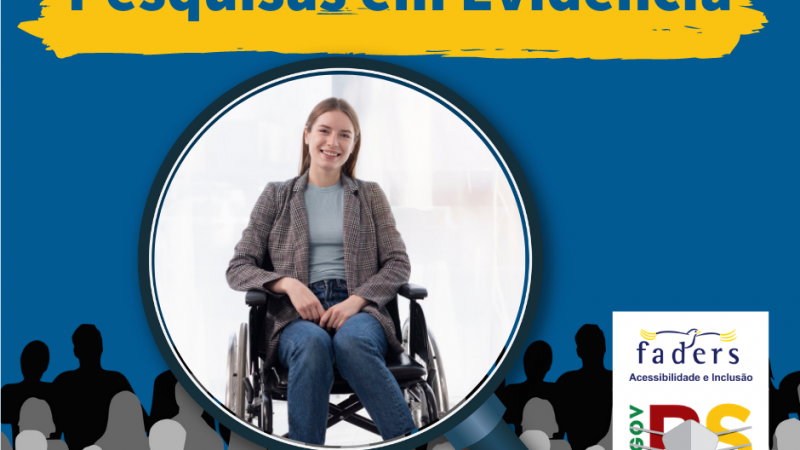 #PraTodosVerem Cartão com fundo na cor azul. No alto, numa faixa horizontal na cor amarela está escrito “Pesquisa em Evidência”. Na parte de baixo, figuras humanas em tons de cinza e preto, e no meio do cartão, uma grande lupa tem em seu interior a foto