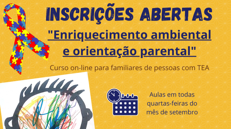 Cartão com fundo na cor amarela. No alto, à esquerda, um laço com desenhos de peças coloridas de quebra-cabeças. Ao lado, está escrito Inscrições abertas, seguido do título do curso. Abaixo, à esquerda, um desenho do contorno do busto de uma criança, colorido por traços em diferentes direções. À direita, o desenho de uma agenda e de um relógio, indicando as datas das aulas. Em seguida, diz Inscreva-se www.faders.rs.gov.br. No rodapé, a logomarca da FADERS.