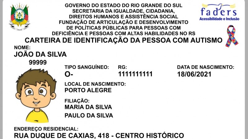 Modelo da Ciptea, com o desenho de um menino no local onde fica a foto do usuário, e exemplos de dados como nome, tipo sanguíneo, data de nascimento, endereço, filiação, etc. 