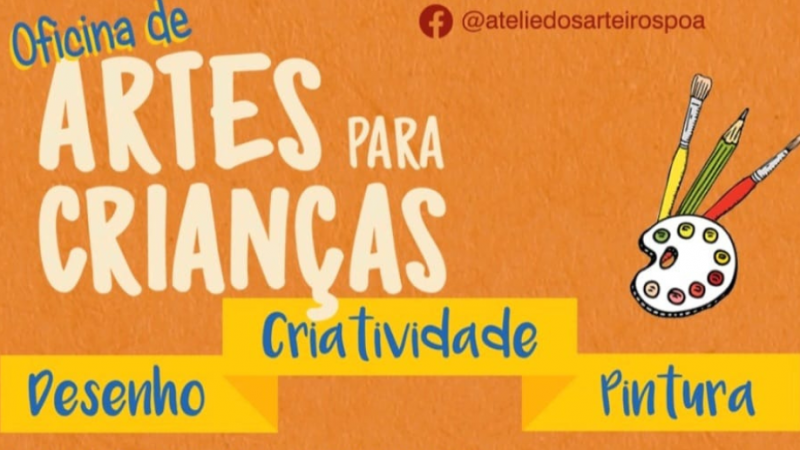 card com fundo laranja - uma foto de uma aquarela e pinceis coloridos...escrito em branco amarelo e azul - oficina de artes para crianças - criatividade - desenho - pintura