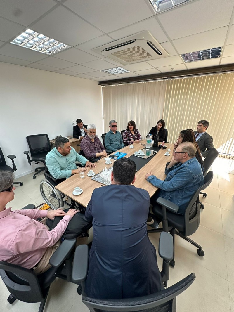 foto - feita do alto registra a mesa de reunião, mesa em madeira, ao redor cadeiras pretas em couro e rodinhas, nelas estão os representantes de entidades, o desembargador e a diretora geral do TRE RS e os presidentes do Coepede e da Faders.