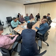 foto - feita do alto registra a mesa de reunião, mesa em madeira, ao redor cadeiras pretas em couro e rodinhas, nelas estão os representantes de entidades, o desembargador e a diretora geral do TRE RS e os presidentes do Coepede e da Faders.