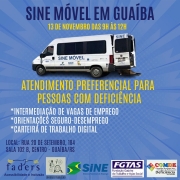 Card quadrado com fundo azul claro. Na margem superior, na cor azul escuro: Sine Móvel em Guaíba. Logo abaixo em cor amarela: 13 de novembro das 9h às 12h. Abaixo, centralizada, a imagem do carro do Sine Móvel  e a frase, na cor amarela: atendimento preferencial para pessoas com deficiência. Logo em seguida, na margem lateral esquerda, na cor branca, as seguintes informações: intermediação de vagas de emprego, orientações seguro-desemprego e carteira de trabalho digital. A seguir, com cor azul escuro: Local: Na Rua 20 de Setembro, nº 184, sala 102 B, no Centro de Guaíba. Na margem inferior estão dispostas as logos sequencialmente: FADERS Acessibilidade e Inclusão, Unidade Trabalho, Sine, FGTAS e do Conselho Municipal dos Direitos das Pessoas com Deficiência de Guaíba.. Fim da descrição.