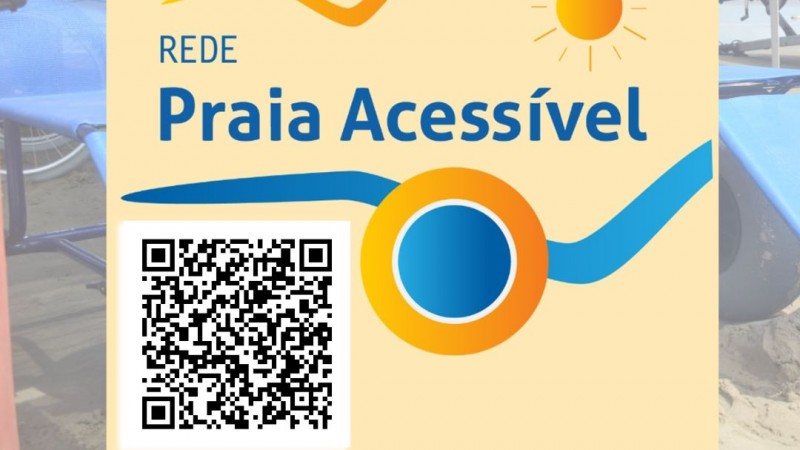 card com fundo amarelo a logo do programa rede praia Acessível e o QR Code onde é possível encontrar informações sobre os locais onde há Guaritas Acessíveis . Fim da Descrição