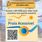 card com fundo amarelo a logo do programa rede praia Acessível e o QR Code onde é possível encontrar informações sobre os locais onde há Guaritas Acessíveis . Fim da Descrição