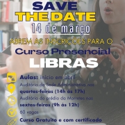 Card - fundo em transparencia aparecem m~]ao fazendo sinal em libras e de frente uma moça de cabelos cacheados respondendo em libras também.... por cima em primeiro plano seguem as seguintes informações: SAVE THE DATE - 14 DE MARÇO - ABREM AS INSCRIÇÕES PARA O CURSO PRESENCIAL DE LIBRAS - AULAS: INÍCIO EM ABRIL. AUDITÓRIO DA SEDE ADMINISTRATIVA NAS QUARTAS-FEIRAS DAS 14H ÀS 17H - NO AUDITÓRIO DO PRÉDIO DA MORRETES NAS SEXTAS-FEIRAS DAS 9H AS 12H - 60 VAGAS - CURSO GRATUITO E COM CERTIFICADO. Loago abaixo seguem as logos da Faders e da Secretaria de Desenvolvimento Social RS, Fim da descrição 