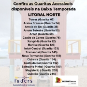 card com fundo de uma foto de uma Guarita Acessível- acima em primeiro plano seguem as seguintes informações : LITORAL NORTE - TORRES GUARITA 07 - AREIAS BRANCAS GUARITA 34 - ARROIO DO SAL GUARITA 38
- ARROIO TEIXEIRA GUARITA 55 - ARAÇA GUARITA 69 - CAPAO DA CANOA GUARITA 76 - XANGRILA GUARITA 92 - MARILUZ GUARITA 123 - IMBÉ CENTRAL 133 - TRAMANDAI 145- NOVA TRAMANDAI 159 - CIDREIRA 184- COSTA DO SOL 192 - BALNEÁRIO PINHAL 199 - MAGISTÉRIO 208 - QUINTÃO 215
