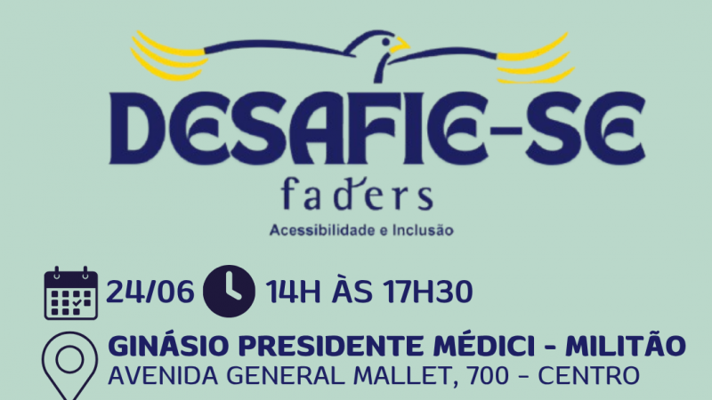 card com fundo verde menta - no topo a logo do Desafie-se Faders, abaixop as seguintes informações:
data - 24/06 hora - 14h às 17h30 local- Ginário Presidente Médici - Militão ( Av. General Mallet, 700 - centro Bagé) Inscrições pelo site da Faders www.faders.rs.gov.br ou pelo qr code ( ao lado imagem do qr code)
abaixo as logomarcas da- secretaria de desenvolvimento social do RS, Prefeitura de Bagé, Camara de Vereadores de Bagpe, Compede Bagé, Corede Campanha, Apae de Bagé e União Espírita Caminho da luz. Fim da descrição