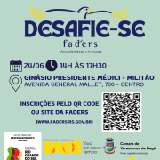 card com fundo verde menta - no topo a logo do Desafie-se Faders, abaixop as seguintes informações:
data - 24/06  hora - 14h às 17h30 local- Ginário Presidente Médici - Militão ( Av. General Mallet, 700 - centro Bagé) Inscrições pelo site da Faders www.faders.rs.gov.br ou pelo qr code ( ao lado imagem do qr code)
abaixo as logomarcas da- secretaria de desenvolvimento social do RS, Prefeitura de Bagé, Camara de Vereadores de Bagpe, Compede Bagé, Corede Campanha, Apae de Bagé e União Espírita Caminho da luz. Fim da descrição