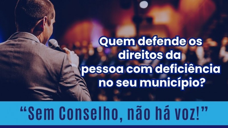 Card institucional com fundo predominante azul escuro.

Na parte superior, h&aacute; a imagem de um homem de costas, vestindo terno, segurando um microfone e falando para um p&uacute;blico em um audit&oacute;rio desfocado ao fundo.

Sobre a imagem, em destaque, est&aacute; o texto:

&ldquo;Quem defende os direitos da pessoa com defici&ecirc;ncia no seu munic&iacute;pio?&rdquo;

Logo abaixo, em uma faixa azul clara, a frase em evid&ecirc;ncia:

&ldquo;Sem Conselho, n&atilde;o h&aacute; voz!&rdquo;

Na parte central da arte, o texto informa:

1&ordm; Encontro para Cria&ccedil;&atilde;o e fortalecimento dos Conselhos Municipais dos Direitos das Pessoas com Defici&ecirc;ncia

Informa&ccedil;&otilde;es do evento:
04 de mar&ccedil;o de 2026
Das 9h &agrave;s 12h e das 14h &agrave;s 17h
Plen&aacute;rio da C&acirc;mara de Vereadores de Imb&eacute;
Inscri&ccedil;&otilde;es pelo QR Code ou pelo site da Faders (www.faders.rs.gov.br)
&Agrave; direita do texto h&aacute; um QR Code para acesso &agrave;s inscri&ccedil;&otilde;es.
Na parte inferior aparecem os logotipos institucionais:
Selo &ldquo;Faders 52 anos&rdquo;
Secretaria de Desenvolvimento Social do RS
Faders  Acessibilidade e Inclus&atilde;o
Secretaria de Justi&ccedil;a, Cidadania e Direitos Humanos do RS
COEPEDE &ndash; Conselho Estadual dos Direitos das Pessoas com Defici&ecirc;ncia
