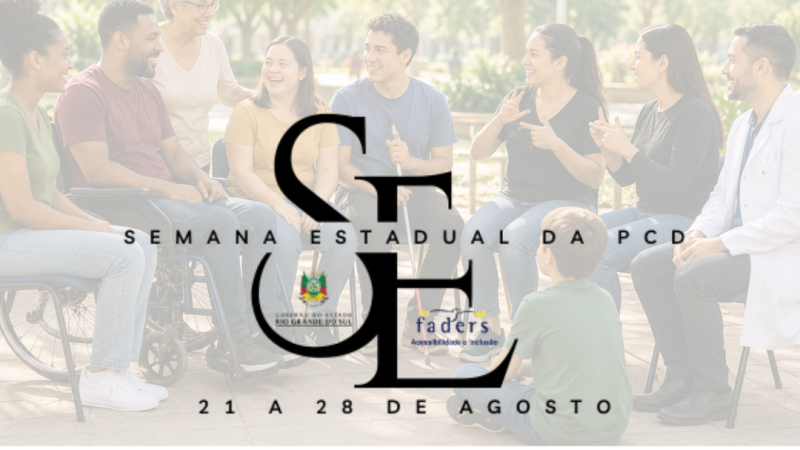 Card de divulga&ccedil;&atilde;o da eNQUETE PARA DEFINIR O TEMA DA Semana Estadual da Pessoa com Defici&ecirc;ncia 2026. Na parte superior, uma fotografia mostra um grupo diverso de pessoas reunidas em c&iacute;rculo ao ar livre, em um ambiente arborizado. Entre os participantes h&aacute; pessoas com e sem defici&ecirc;ncia, de diferentes idades, conversando e sorrindo. Um homem utiliza cadeira de rodas, uma mulher mais velha est&aacute; em p&eacute; interagindo com o grupo e uma crian&ccedil;a aparece sentada de costas em primeiro plano. A cena transmite acolhimento, conviv&ecirc;ncia, inclus&atilde;o e participa&ccedil;&atilde;o social.

Sobre a imagem est&aacute; aplicada a o logomarca da &ldquo;Semana Estadual da PCD&rdquo; e da data &ldquo;21 a 28 de agosto&rdquo;. Tamb&eacute;m aparecem os logotipos do Governo do Estado do Rio Grande do Sul e da FADERS Acessibilidade e Inclus&atilde;o.

Na parte inferior do card, sobre fundo branco, est&aacute; o texto: &ldquo;A sa&uacute;de mental da pessoa com defici&ecirc;ncia importa. A sa&uacute;de mental das fam&iacute;lias importa. As redes de apoio importam.&rdquo; Em seguida, o convite: &ldquo;Escolha o tema da Semana Estadual da Pessoa com Defici&ecirc;ncia 2026&rdquo;. Logo abaixo, em destaque vermelho: &ldquo;Vota&ccedil;&atilde;o de 24 de junho a 1&ordm; de julho&rdquo;, seguido da orienta&ccedil;&atilde;o: &ldquo;pelo QR Code, link na Bio ou site da Faders&rdquo;.

&Agrave; direita h&aacute; um QR Code para acesso &agrave; vota&ccedil;&atilde;o. Na parte inferior est&atilde;o os logotipos do Governo do Estado do Rio Grande do Sul e da FADERS Acessibilidade e Inclus&atilde;o. A composi&ccedil;&atilde;o utiliza tons claros e transmite uma mensagem de participa&ccedil;&atilde;o, inclus&atilde;o e valoriza&ccedil;&atilde;o da sa&uacute;de mental e das redes de apoio.
