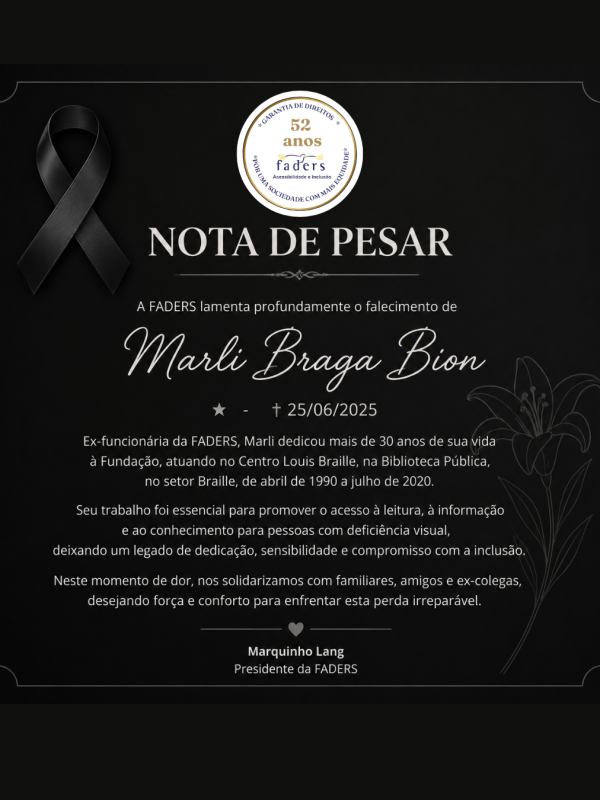 card com fundo preto sobre a nota de pesar do falecimento da ex funcion&aacute;ria da Faders Marli Braga Bion