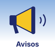 Ilustra&ccedil;&atilde;o de um megafone amarelo e azul emitindo ondas de som. Abaixo, a palavra Avisos em azul, sobre fundo em degrad&ecirc; azul-claro.